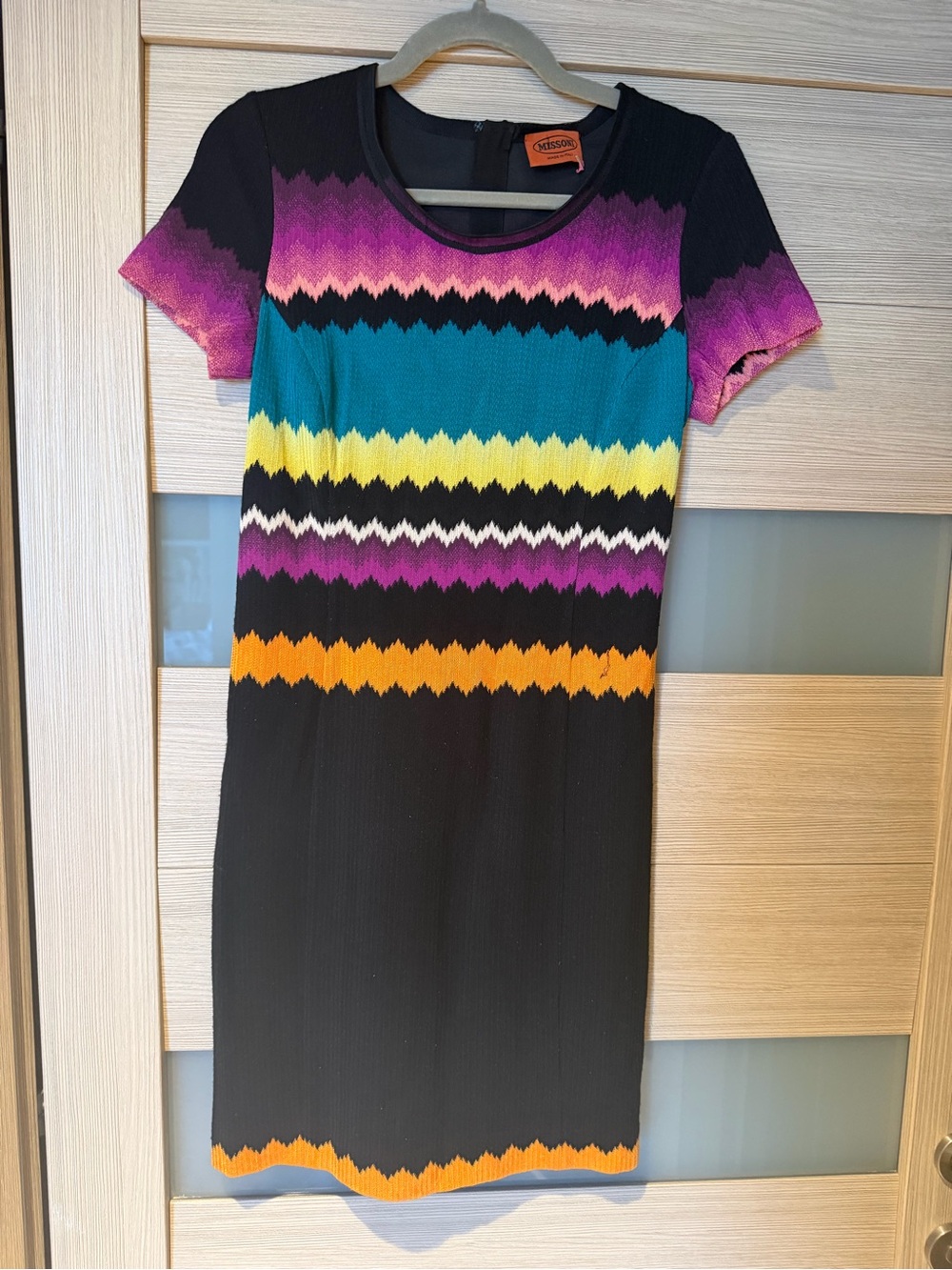 Missoni Black Dress with Purple, Teal, Yellow and Orange Chevron Stripes